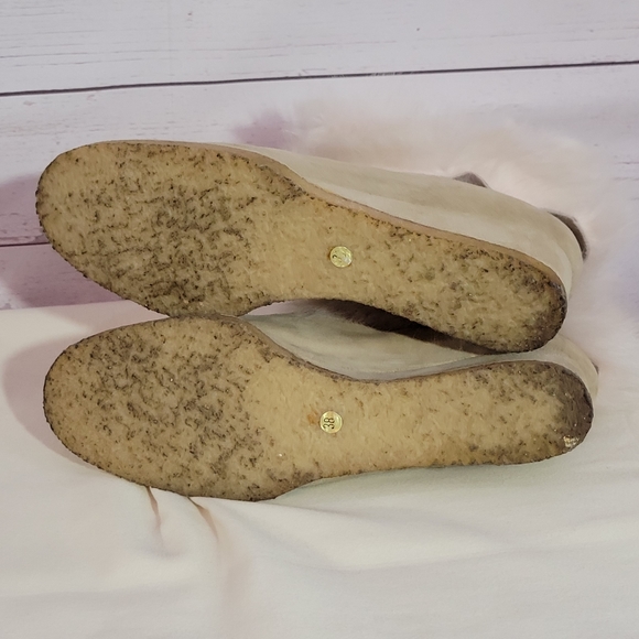 Rue Du Jour Ankle Boots Womens 38 Suede Leather Taupe Nude Fur Trim Wedge Heel - Picture 7 of 9